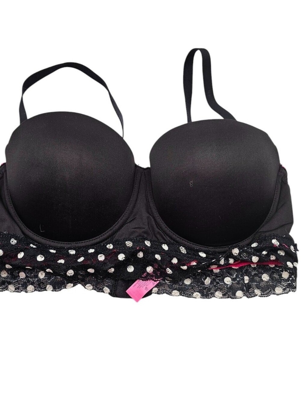 Fruit of the Loom Womens Sz 38C Padded Push Up Longline Bra Black Polka Dot